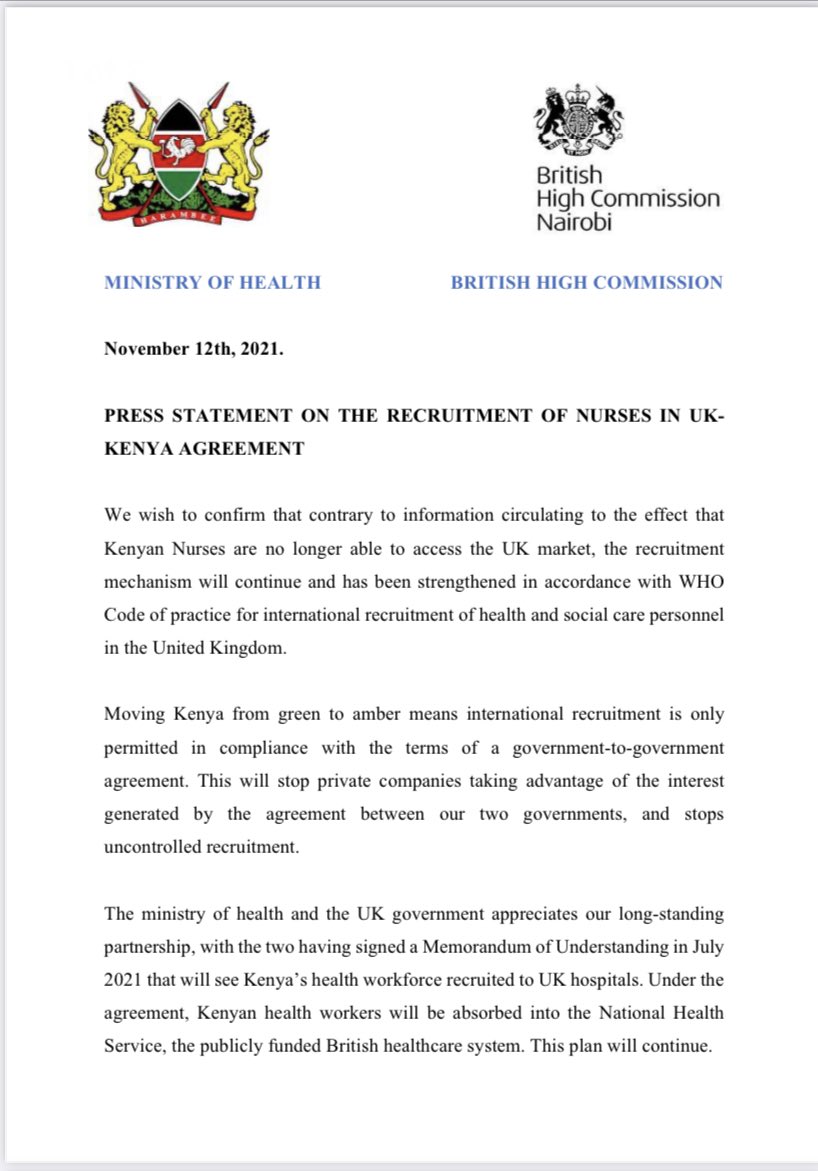 MOH_Kenya's tweet photo. PRESS STATEMENT ON THE RECRUITMENT OF NURSES IN UK-KENYA AGREEMENT https://t.co/8k0GP9nAEd