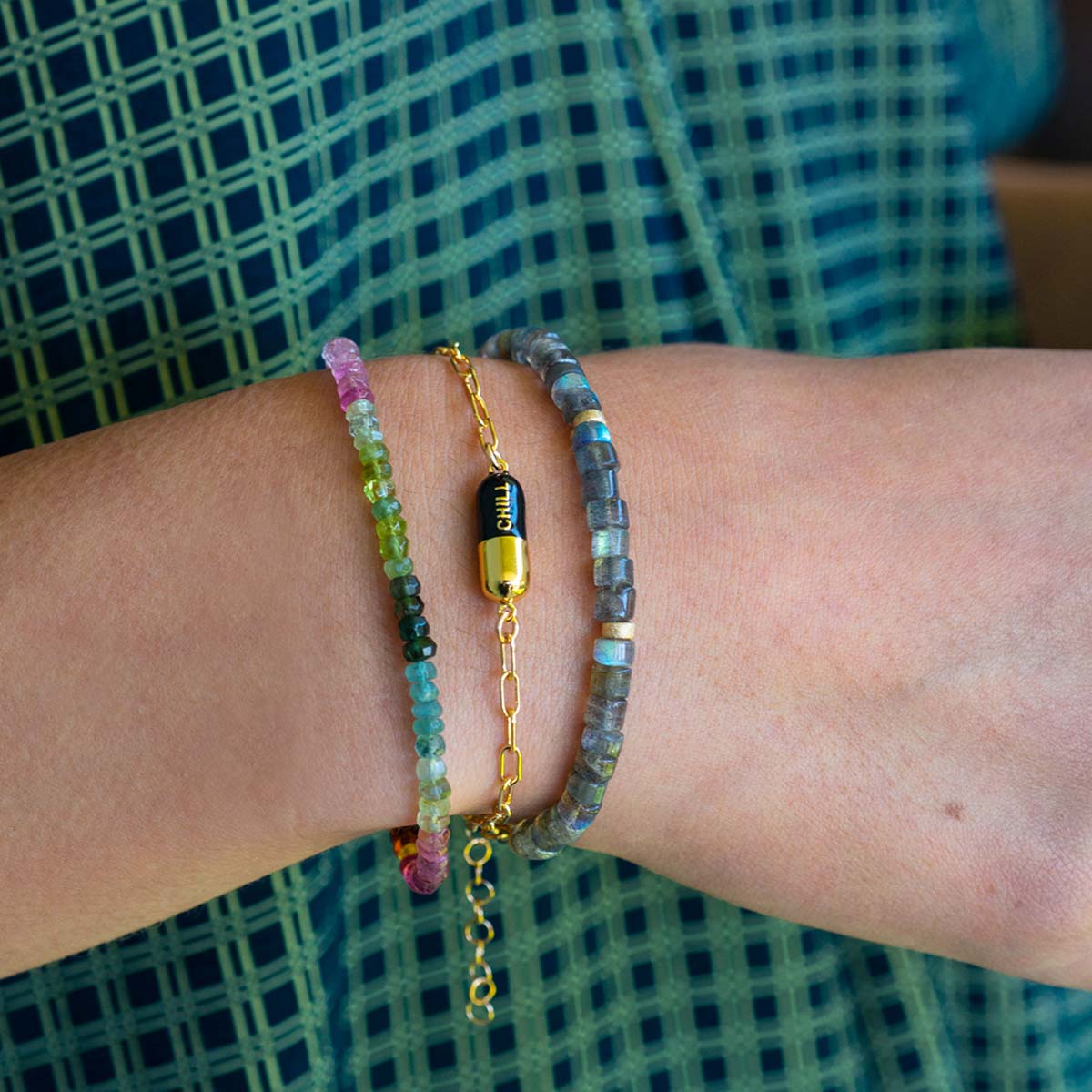 krisnations's tweet photo. The perfect Friday stack.  Watermelon #tourmaline helps to inspire good vibes and adventure, a reminder to CHILL, and #labradorite for added inner strength and intuition ✨

 #TGIF #Bracelets #BraceletStack #GemstoneBracelet #gemstonejewelry #krisnations https://t.co/4dizTmpvpG