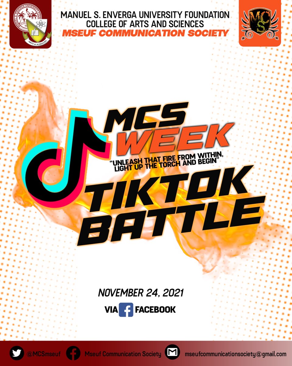 MCSmseuf's tweet photo. The MSEUF Communication Society invites you to this year’s 𝐓𝐢𝐤𝐭𝐨𝐤 𝐁𝐚𝐭𝐭𝐥𝐞 being part of the MCS Week activities that aims to boost the creativity of every individual in creating content. Showcase your talent and unleash that fire within you! Join us this Nov. 24, 2021. https://t.co/CHQQ35uPWX