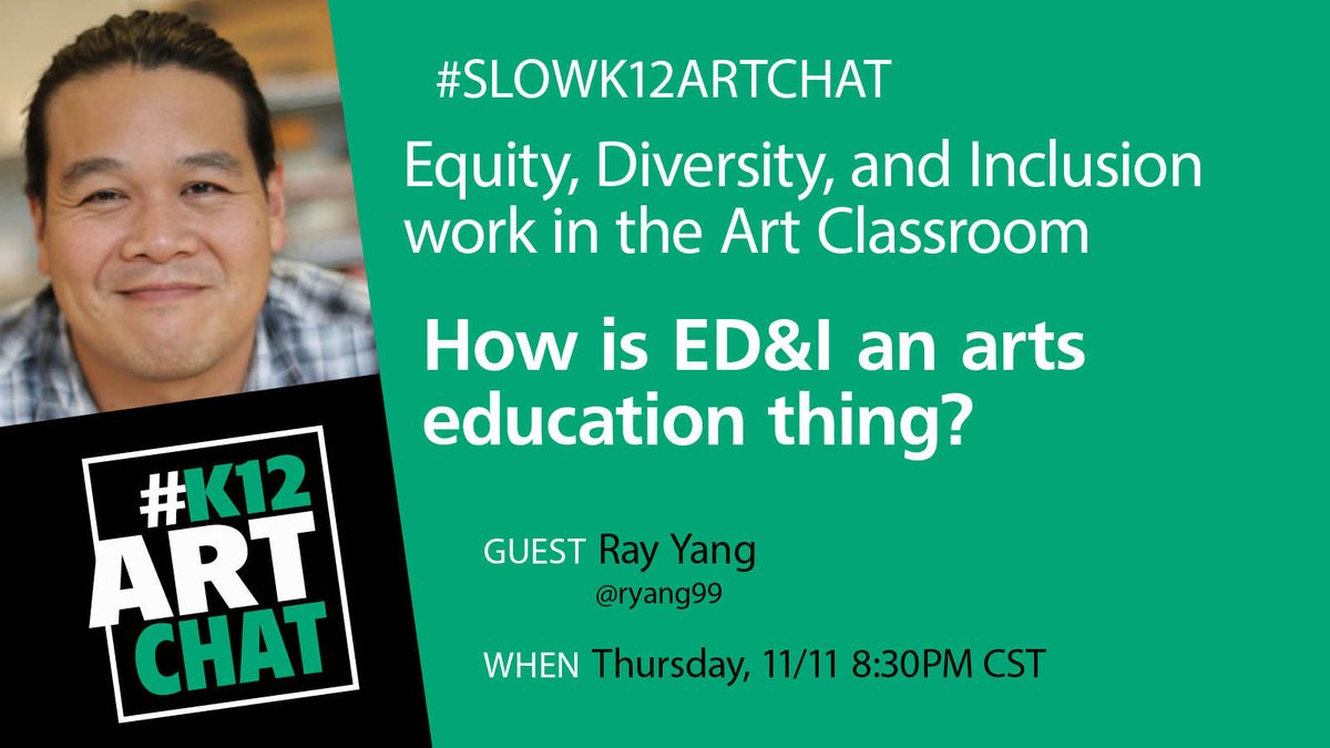 creativitydept's tweet photo. Did you miss #K12ArtChat last night? Guest host @ryang99 talked about the topic of ED&amp;I work in the Art Classroom. Ray asked "How is ED&amp;I and #ArtsEd thing?" Share with us your thoughts uisng #SlowK12ArtChat @SchoolArts @AdobeForEdu @NewsHourExtra @NAEA @NAEA_LGBTQ https://t.co/JIJ6BCxNP8