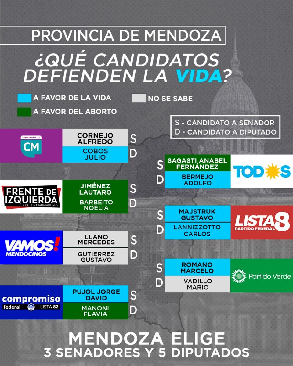 #EleccionesArg2021 🇦🇷🏛
🗳️¿Qué elegimos el 14/11?
#Mendoza elige 3 senadores y 5 Diputados Nacionales.
Recomendá en tu provincia a aquellos candidatos que defienden el #DerechoALaVida de todos los argentinos💙
#FiscalesParaLaNación #YoFiscalizo