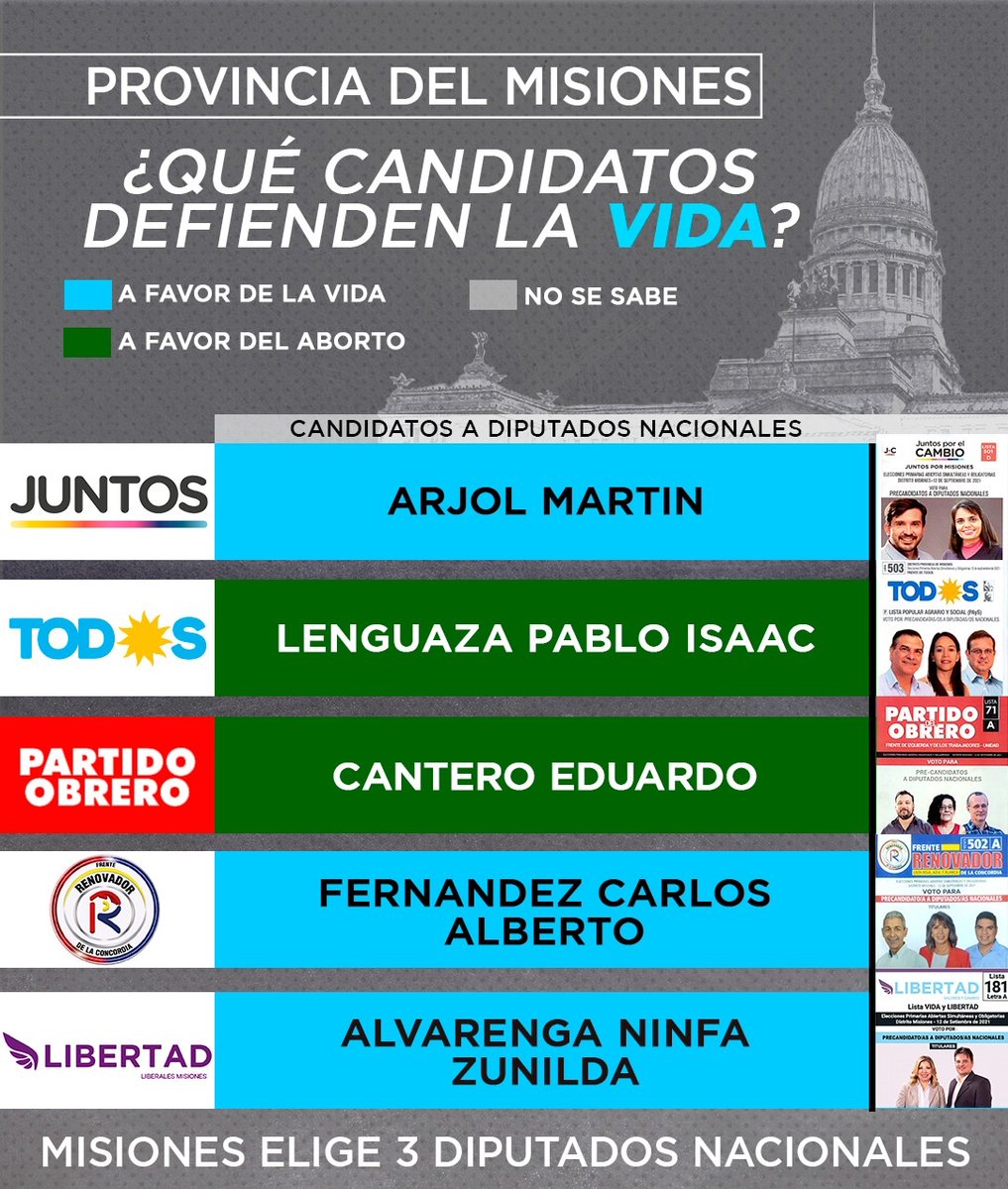 #EleccionesArg2021 🇦🇷🏛
🗳️¿Qué elegimos el 14/11?
#Misiones elige 3 Diputados Nacionales.
Recomendá en tu provincia a aquellos candidatos que defienden el #DerechoALaVida de todos los argentinos💙
#FiscalesParaLaNación #YoFiscalizo