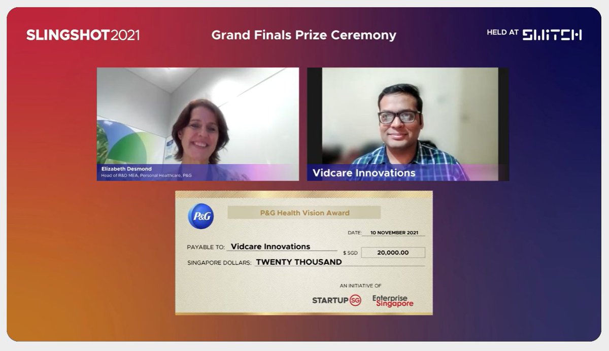 venture_center's tweet photo. Congratulations to Venture Center startup Vidcare Innovations for winning the P&G Health Vision Award at #SLINGSHOT2021 at @SwitchSingapore. The award
recognizes a #startup for its innovative thinking to solve a consumer problem in #healthcare #SWITCH2021 @ProcterGamble https://t.co/4J1MCkjXWP