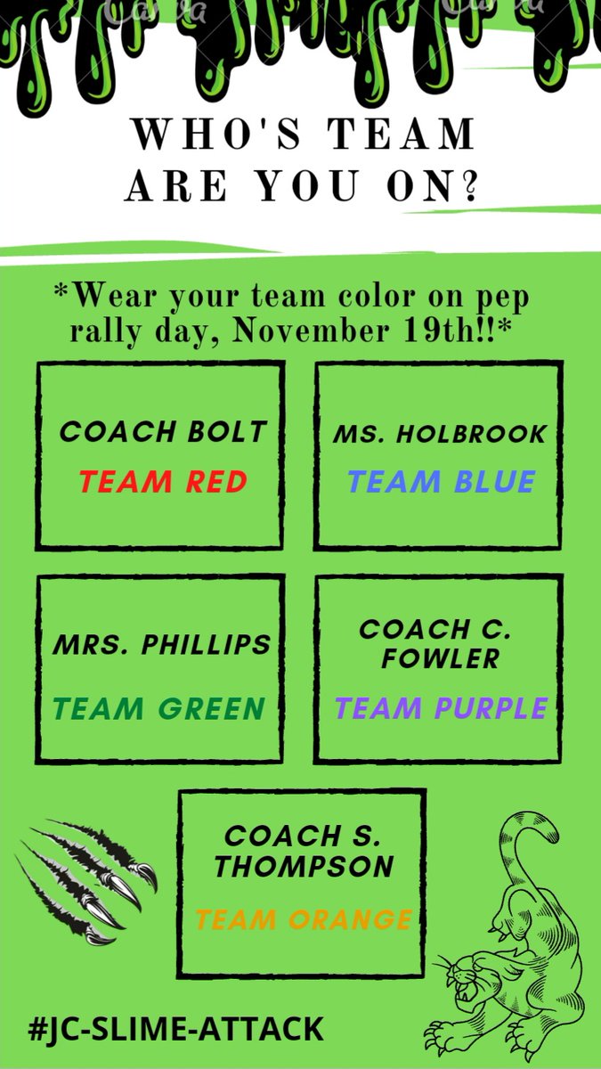 panthers_jchs's tweet photo. On Nov. 19th, the Sophmore Student Council is holding a slime attack on the teachers during the pep rally! Wanna show some support for your favorite teacher? Choose a team, and wear that team's color to the pep rally. Go all out, and let's be loud!! #slimeattack #proudtobejc https://t.co/WIP02FWjYS