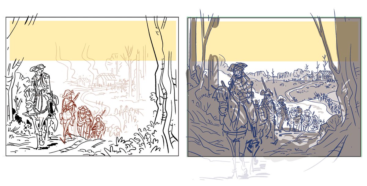Working on roughs for an educational gig; reworked the left panel a few times, never happy with it, because I was scared to risk losing valuable compositional space to a big-enough reader-immersion foreground element. Panel on the right is better (still no real FG, though). 