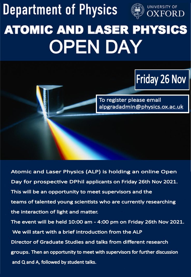 Oxford Physics Gender Equity Network (@oxphys_gen) on Twitter photo 🚨🚨Prospective DPhil Applicants🚨🚨Come along to the <a href="/OxfordPhysics/">Department of Physics at University of Oxford</a> Atomic and Laser Physics open day on the 26th November!! See below for more info: 🚨🚨Prospective DPhil Applicants🚨🚨Come along to the <a href="/OxfordPhysics/">Department of Physics at University of Oxford</a> Atomic and Laser Physics open day on the 26th November!! See below for more info: