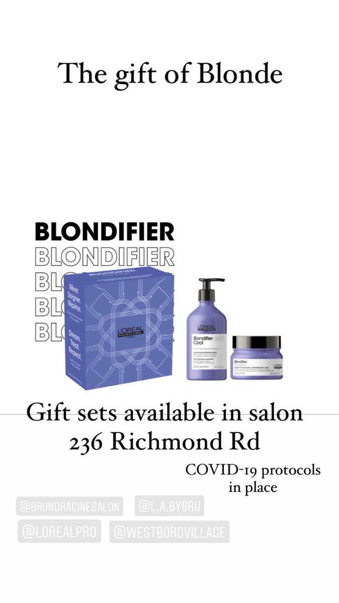 Holiday gift sets are available in salon 236 Richmond Rd. #brunoracinesalon #lorealcanada #613Ottawa #blonde #blondehair #gift #supportsmallbusiness #shoplocal #westboroBIA