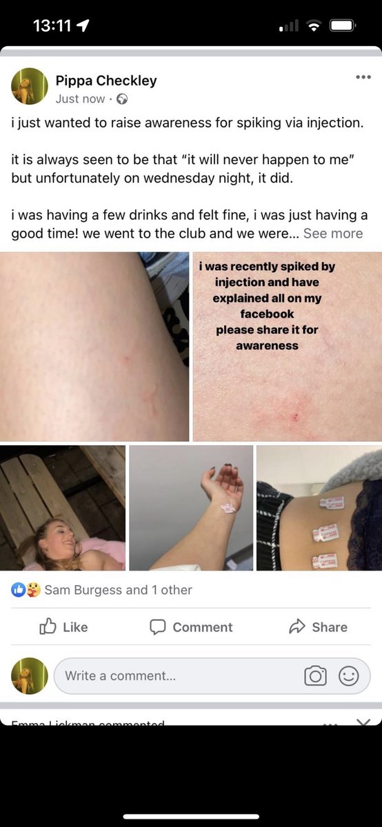 samburgxss's tweet photo. Please share this on facebook, my girlfriend was spiked via injection on Wednesday night in Cheltenham. We never thought it would happen to us and had taken all of the precautions possible such as covers on our drinks etc, pip couldn’t walk talk or remember much… pt.1 https://t.co/iEQCZwgtCK