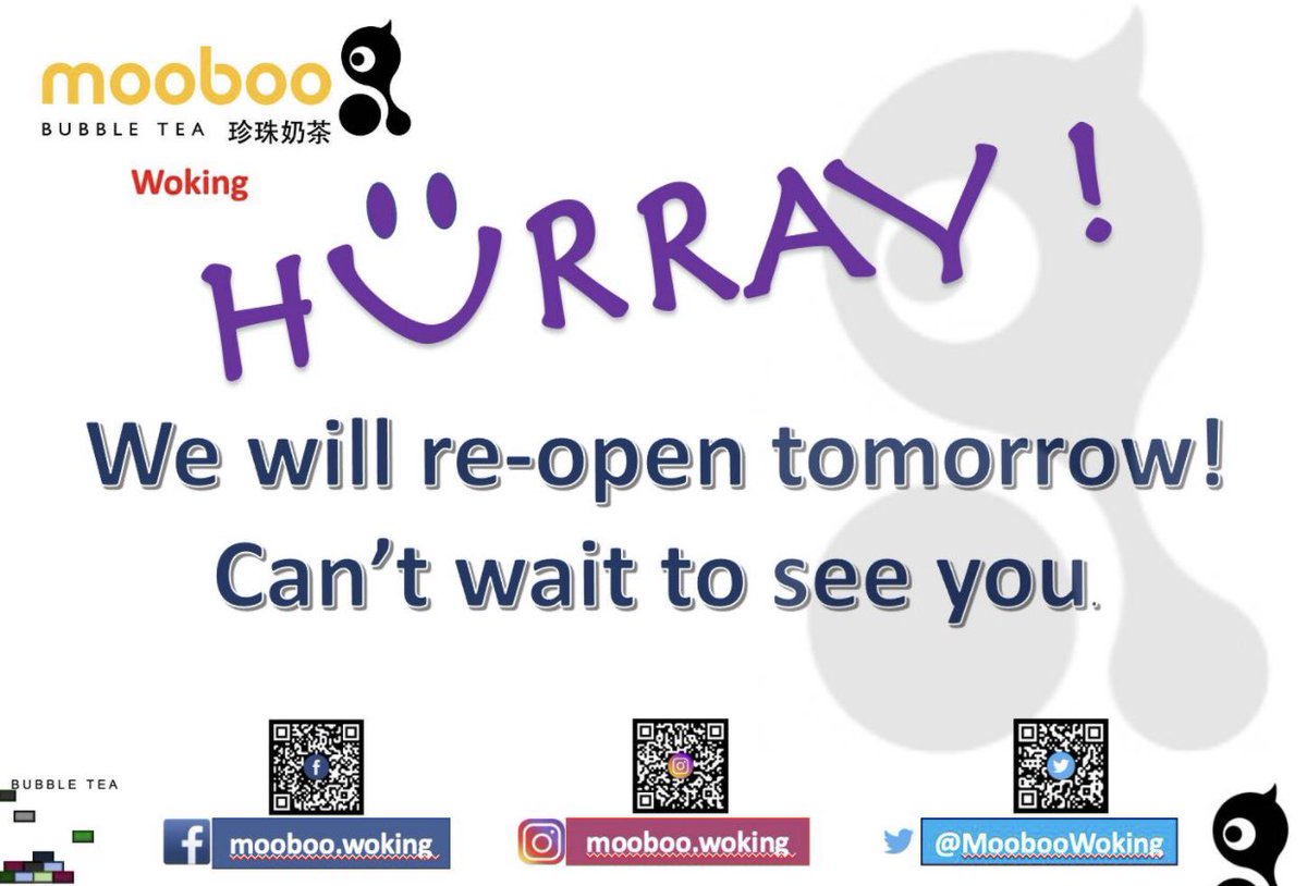 MoobooWoking's tweet photo. Bubble Tea Time!!
HURRAY!!! Maintenance completed. We will re-open tomorrow. Can't wait to see you 😊

#Mooboo
#MoobooWoking
#BubbleTea
#StayAlert
#ControlTheVirus
#UberEats
#Deliveroo
#WeAreWoking
#WokingShoppingCentre
#ThePeacocks
#Woking https://t.co/Z7FHsmSHVX