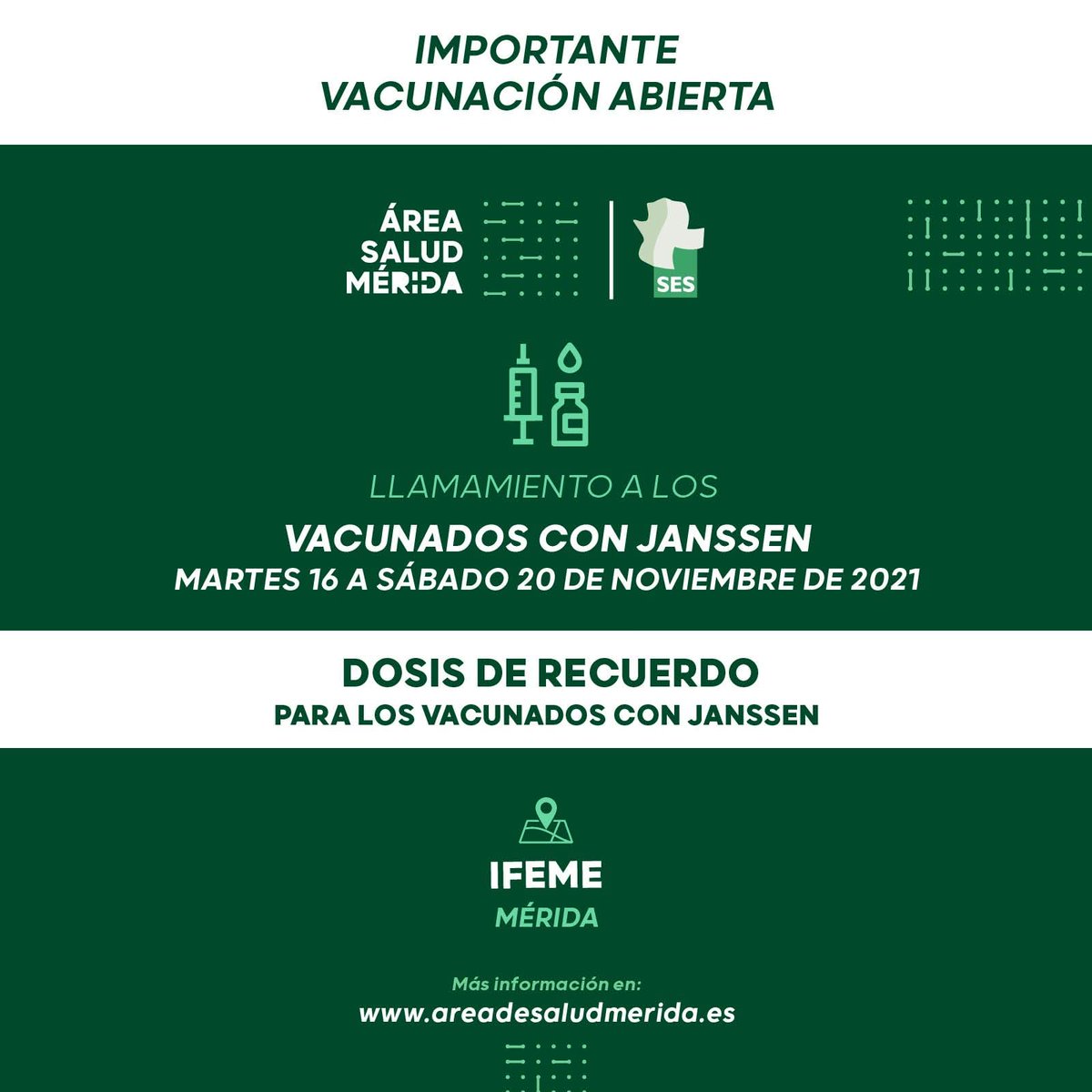 AreaSaludMerida's tweet photo. #ULTIMAHORA #NOVEDADES

Llamamiento a todos los vacunados con JANSSEN del Área de Salud de Mérida en IFEME (Mérida).

📅 del MARTES 16 al SÁBADO 20
⏰ LUNES - VIERNES de 16:00 a 19:00 y SÁBADO de 9:00 a 13:00

#YoMeVacuno #YoMeVacunoSeguro

https://t.co/tTCyMXI1P8 https://t.co/K4TzK4DSYQ