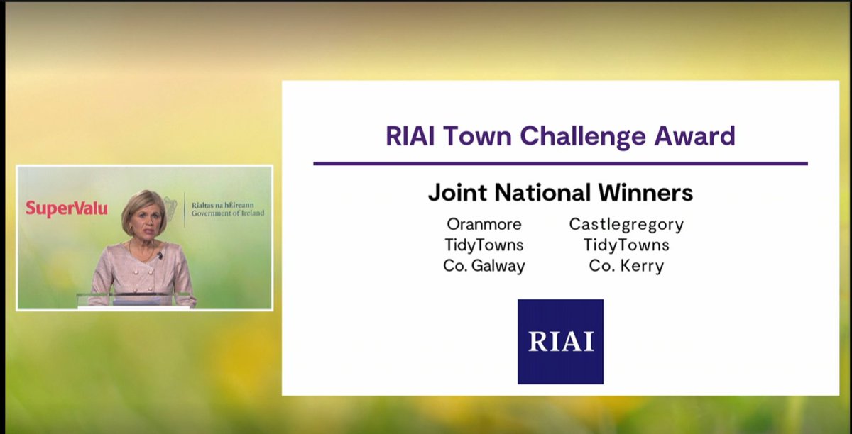 The RIAI is delighted to support the <a href="/SuperValuIRL/">SuperValu Ireland</a>  <a href="/TidyTownsIre/">Supervalu TidyTowns Competition</a> Awards with a number of special awards. Congratulations to Oranmore of Galway &amp; Castlegregory of Kerry who were joint National Winners of the RIAI Town Challenge Award.