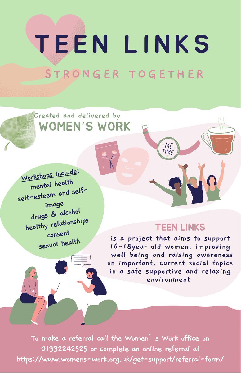 🚺Women’s Work are launching a session aimed at supporting young women aged 16 to 18🚺 
The programme will be a six-week rolling programme cover 6 topics. 
To make a referral call on 01332 242525 or complete an online referral through our website: womens-work.org.uk/get-support/re…”