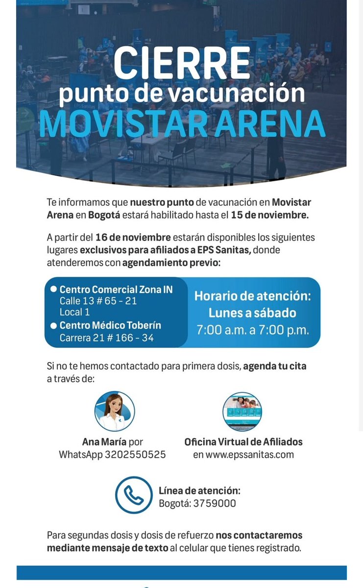 El punto de vacunación de Sanitas en Movistar Arena cerrará este 15 de noviembre. Pilas! 
El fin de una era 🙃