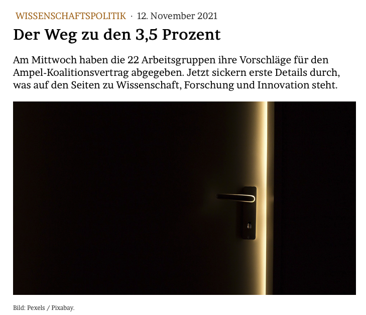 JMWiarda's tweet photo. DER WEG ZU DEN 3,5 PROZENT
Am Mittwoch haben die 22 Arbeitsgruppen ihre Vorschläge für den #Ampel-Koalitionsvertrag abgegeben. Jetzt sickern erste Details durch, was auf den Seiten zu #Wissenschaft, #Forschung und #Innovation steht.
Im Blog: https://t.co/CJjpefq3qE https://t.co/EjBiSVXd4d