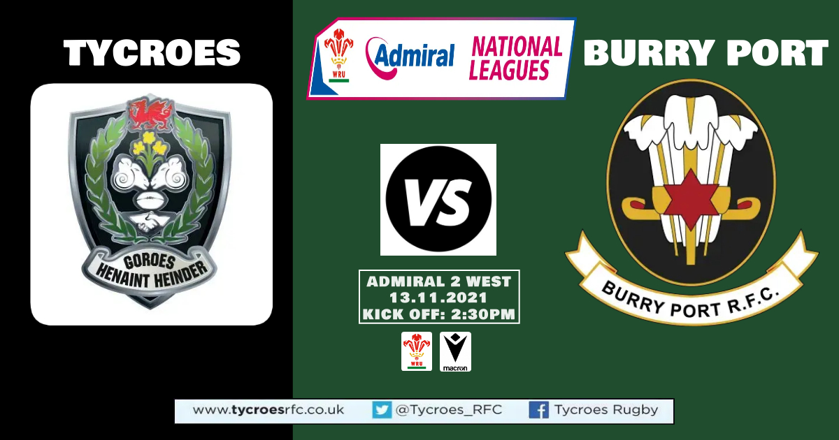 Tycroes welcome Burry Port in the Admiral 2 West tomorrow afternoon (Kick Off 2:30pm)

Our 1st league game in 623 long days.

Tycroes Rugby 🆚Burry Port 
📍Cae Gelli, Tycroes (H) 
📆Saturday 13th November
⏰Kick-Off 2:30pm
🏆Admiral 2 West  
🎟 Admission £3
⛔️No Dogs Allowed