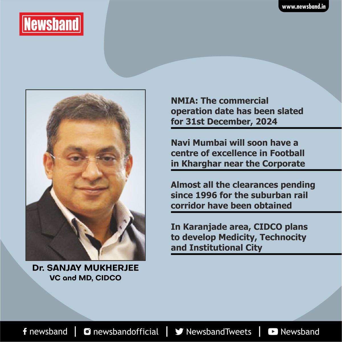 NewsbandTweets's tweet photo. Most of the key projects in Navi Mumbai are likely to be completed by 2024: Dr. Sanjay Mukherjee, VC and MD, CIDCO

https://t.co/M8JSVIIO4v

@Cidcowinnar18 @CIDCO_Ltd @NMMConline @NMMCCommr @TMCaTweetAway @Navimumpolice @MumbaiPolice @KonkanRailway @PanvelCorp  @CPMumbaiPolice https://t.co/D1ewyJhfPF