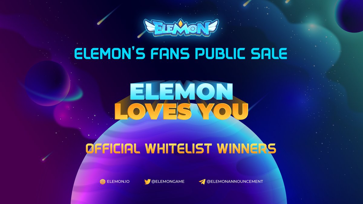 🔥CONGRATULATIONS TO 3600 WHITELISTED FANS CHOSEN TO JOIN OUR PUBLIC SALE🔥
 
🎁Please find your name at: docs.google.com/spreadsheets/d…
 
⏰The access link to lock your BUSD to join E.L.Y public sale will be opened and announced on official Elemon channels on 10AM(UTC) NOVEMBER 5,2021