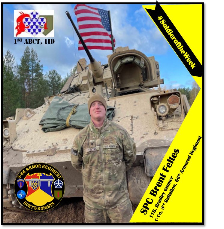 burts_knights's tweet photo. Congratulations to the @1abct1id #soldieroftheweek SPC Brent Feltes. SPC Feltes, a Bradley Gnr, finished in the top 3 of 18 IFV crews at the Iron Spear Ex. in Adazi, Latvia. SPC Feltes proficiency as a gunner demonstrated the Armor #Lethality of the #usarmy alongside our Allies. https://t.co/07acOpCa0b