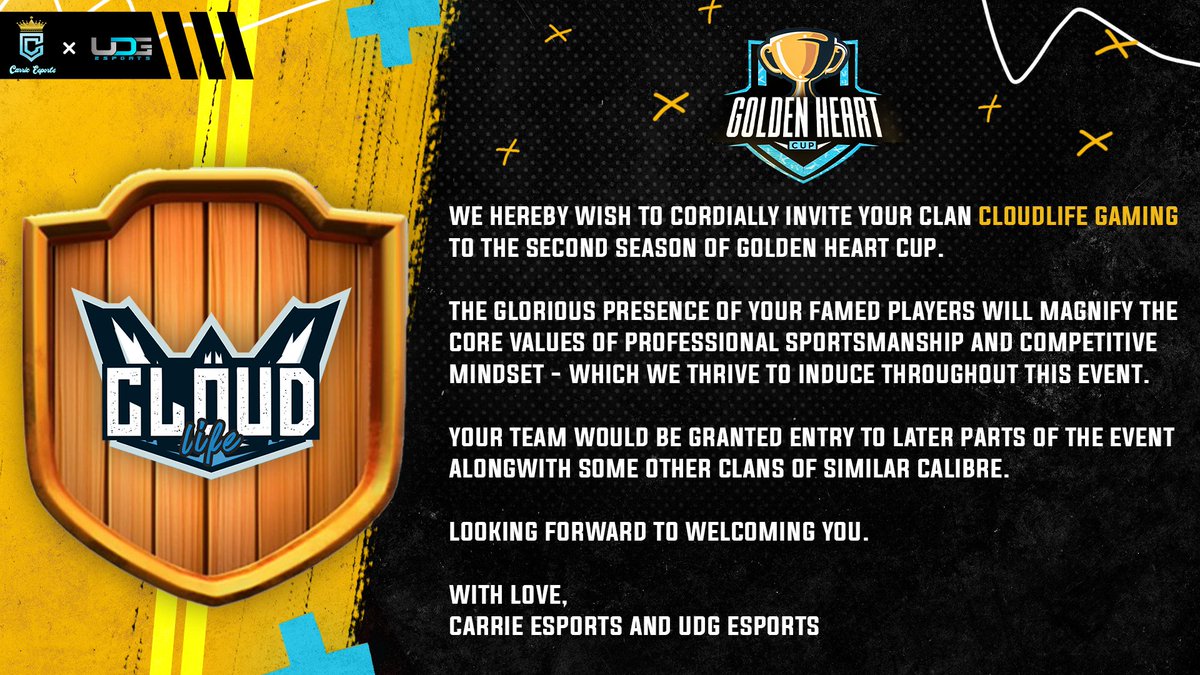 CGxCOC22's tweet photo. We are excited to be one of the invited teams for the Golden Heart Cup S2! 🔥
Thank you @EsportsCarrie &amp; @esports_udg for inviting us! ❤️ 
We wish good luck to all the participating teams and look forward to our upcoming matches! ⚔️ 

#CloudlifeGaming | #CloudlifeFTW https://t.co/gnjnbQHvDj