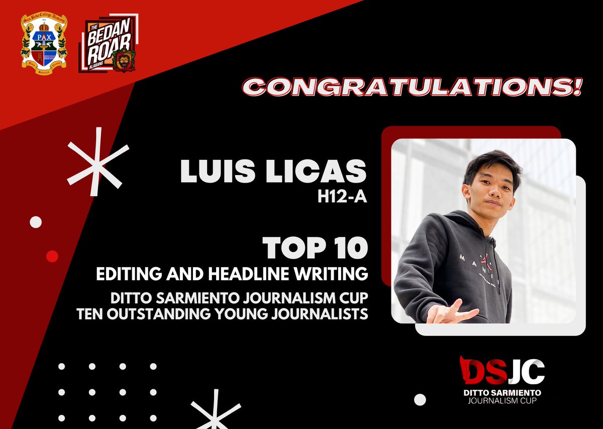 BedanRoarSBCA_'s tweet photo. Congratulations to our very Luis Antonio B. Licas for ranking 10th out of over 600 participants in this year's Ditto Sarmiento Journalism Cup (DSJC) in Editing and Headline Writing.

We are very proud of you, Luis! 🦁

#BedanRoarAlabang
#ForFearlessTruth

Pubmat by: Sofia Granada https://t.co/zs4DzurdC1