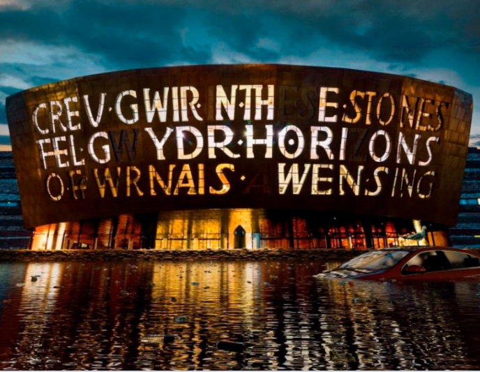 WalesOnline's tweet photo. This is how the Wales Millennium Centre could look if sea levels rose following the expected 1.5°C warming in the next decade, according to pictures released by the National Lottery &amp; environmental campaigner Daisy Lowe. https://t.co/j5hjNeuRBi