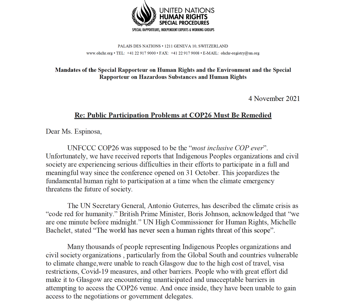 duycks's tweet photo. 🚨📢"Public Participation Problems at #COP26 must be remedied"
🇺🇳UN #HumanRights Special Rapporteurs send joint letters urging #COP26 @AlokSharma_RDG &amp; #UNFCCC @PEspinosaC to act urgently to guarantee meaningful participation
📄https://t.co/q1JuRFeO6Z
📄https://t.co/4CjZa4shH1 https://t.co/E9tcec6g0T