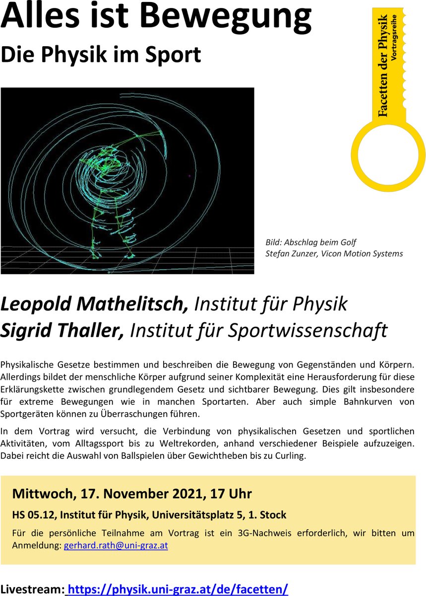 quant_graz's tweet photo. Facetten der Physik im November: Leopold Mathelitsch und Sigrid Thaller über physikalische Gesetze im Sport.
17.11.2021, 17 Uhr, Institut für Physik https://t.co/wy82tRfWzM