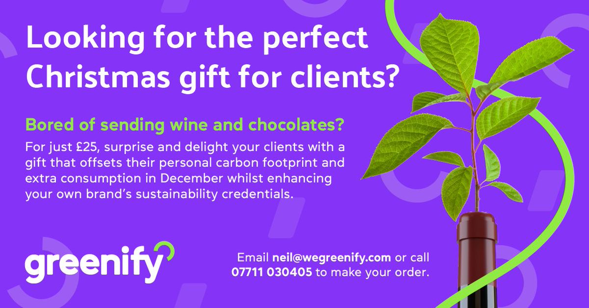 WeGreenify's tweet photo. Instead of the usual wine or chocolates, why not gift green?🌳

For only £25, we will plant one tree and offset two tonnes of nature based carbon - and your client will receive a certificate showing their impact against climate change. 🌍🌿

Contact Neil below or @ForwardRole_Ste https://t.co/PiIhv5Qsmn