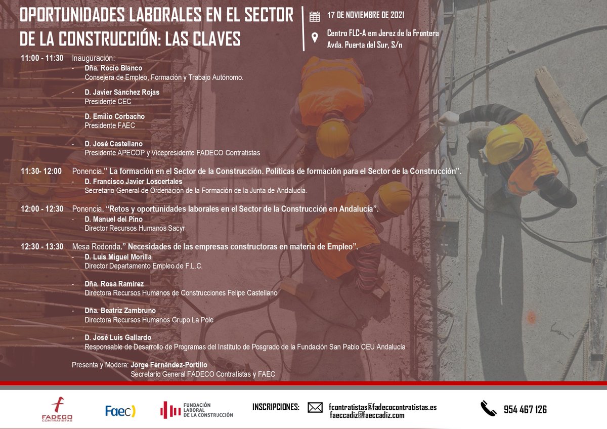 faeccadiz's tweet photo. Jornada #FADECO: 𝗢𝗣𝗢𝗥𝗧𝗨𝗡𝗜𝗗𝗔𝗗𝗘𝗦 𝗟𝗔𝗕𝗢𝗥𝗔𝗟𝗘𝗦 𝗘𝗡 𝗘𝗟 𝗦𝗘𝗖𝗧𝗢𝗥 𝗗𝗘 𝗟𝗔 𝗖𝗢𝗡𝗦𝗧𝗥𝗨𝗖𝗖𝗜Ó𝗡. 𝗟𝗔𝗦 𝗖𝗟𝗔𝗩𝗘𝗦
📅 Miércoles, 17 de noviembre, 2021
📌 @Fund_Laboral Jerez
🎫 Inscripción presencial gratuita vía mail de la imagen. https://t.co/bjksvYgtZt