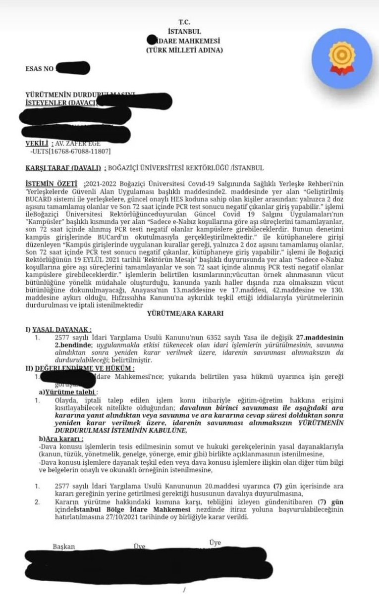 Boğaziçi üniversitesinde öğrencilerin Aşı Veya Pcr testi olmadan okula giremeyeceklerine ilişkin işleme karşı açtığım davada Yürütmeyi Durdurma kararı verilmiştir. 

Eğitim ve Öğrenim hakkı kısıtlamaz