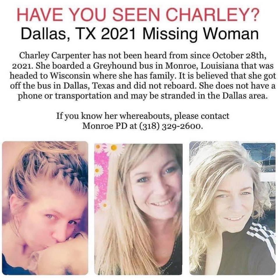 rebelhearts94's tweet photo. Please be on the lookout for Charley Carpenter. Her family is worried sick about her and have not heard from her since October 28th of this year. She was last seen in Monroe, La #MissingPerson https://t.co/a560nDnjbx