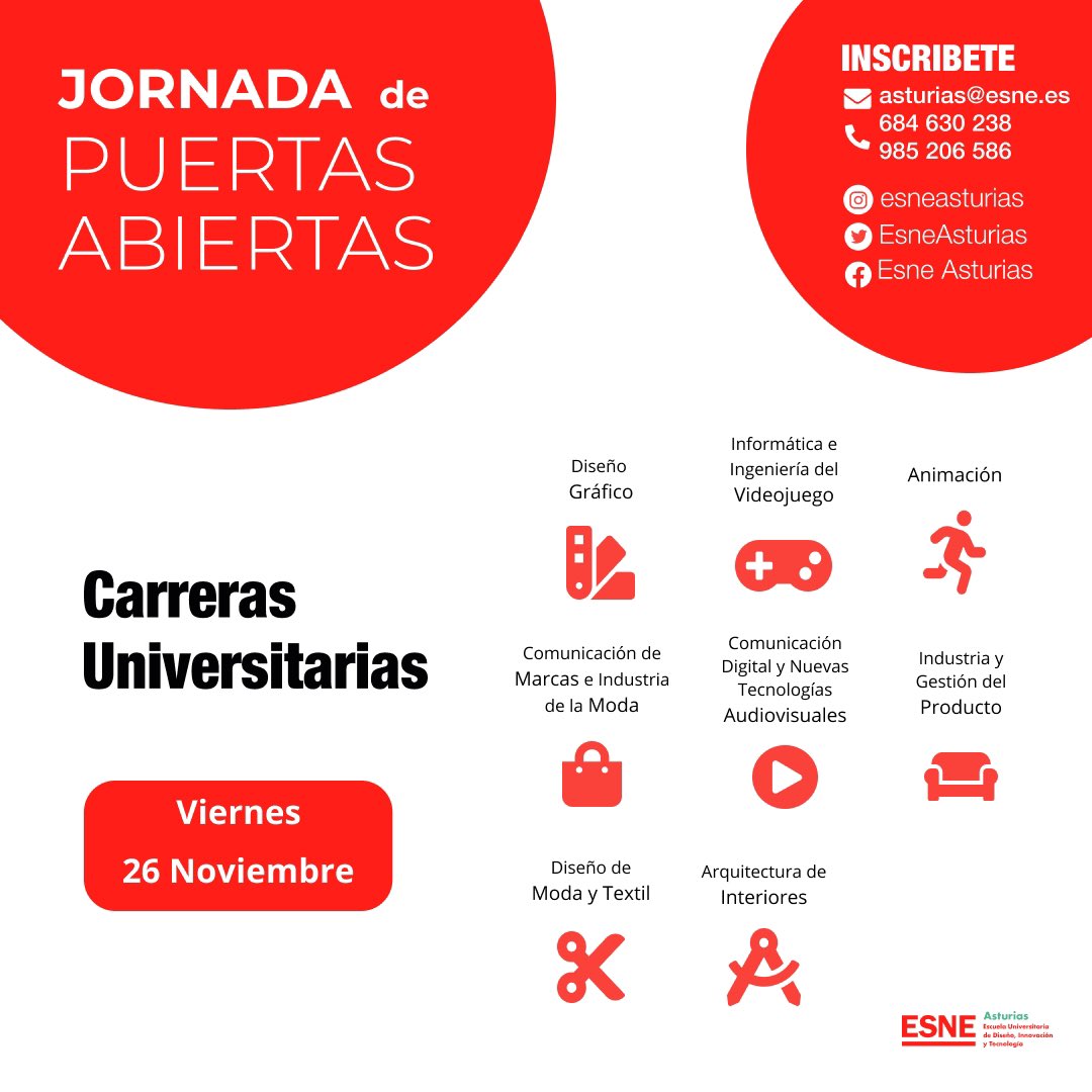 ESNE Asturias (@esneasturias) on Twitter photo 🔴 JORNADA PUERTAS ABIERTAS|
¡Ya tenemos fecha para nuestra primera jornada de #PuertasAbiertas del curso!
📅 viernes 26 de noviembre de 2021
💻 inscripciones: asturias@esne.es
¡Te esperamos!
#EsneAsturias #CarrerasUniversitarias #Diseño #Innovación #Tecnología 🔴 JORNADA PUERTAS ABIERTAS|
¡Ya tenemos fecha para nuestra primera jornada de #PuertasAbiertas del curso!
📅 viernes 26 de noviembre de 2021
💻 inscripciones: asturias@esne.es
¡Te esperamos!
#EsneAsturias #CarrerasUniversitarias #Diseño #Innovación #Tecnología