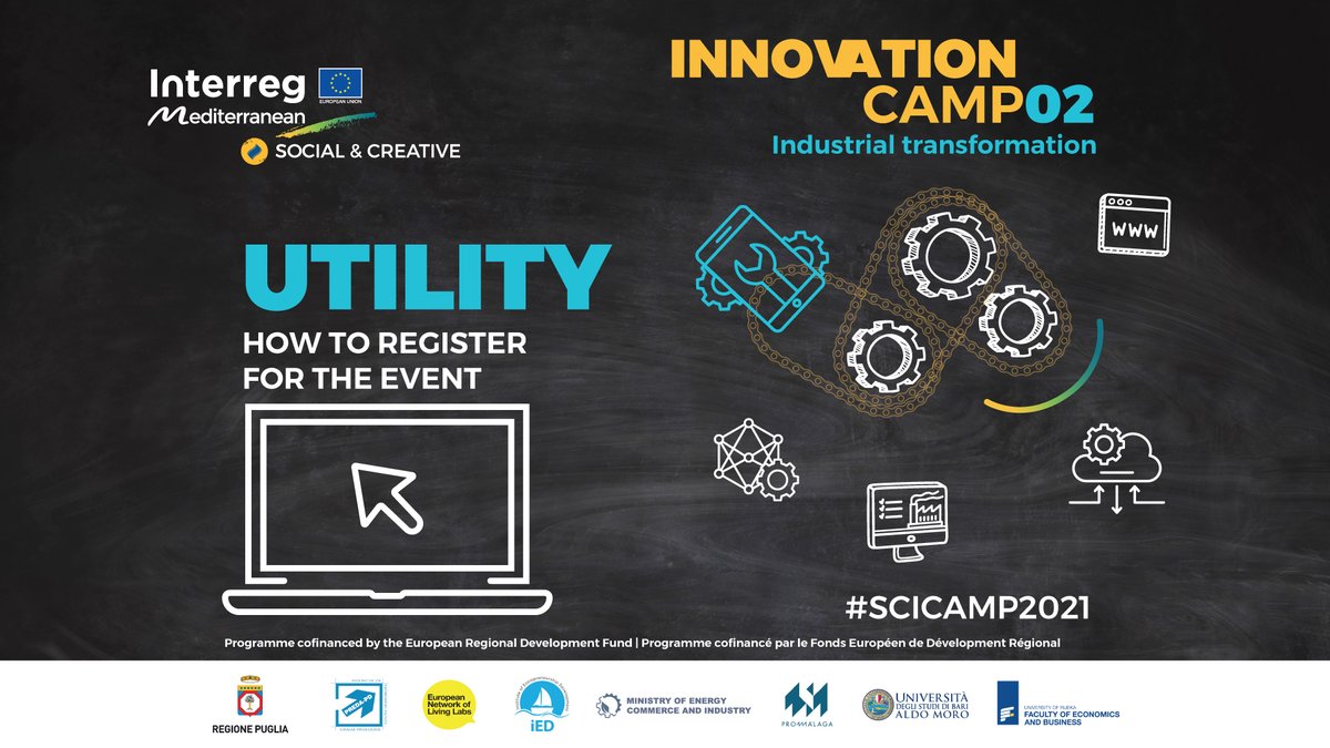 To participate in the conference or focus &amp; working groups of #SCICAMP2021 # 2on industrial transformation, apply here bit.ly/APPLYSCICAMP.Y… will learn how CCIs can trigger innovation for Europe!
 <a href="/RegionePuglia/">RegionePuglia</a> <a href="/ArtiPuglia/">ARTI Puglia</a> <a href="/openlivinglabs/">ENoLL</a> <a href="/promalaga/">Promálaga</a> <a href="/ied_europe/">iED</a> @MEDProgramme