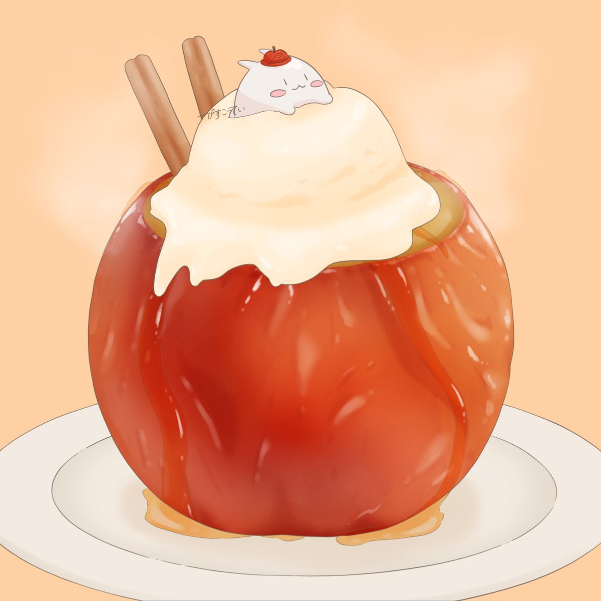 焼きりんごのアイスの上で りんごのニット帽を頭に乗せている まるまるつるっとした びすこってい Skeb募集中のイラスト