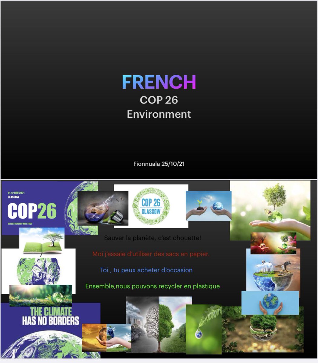 JaneGroveFrench's tweet photo. It’s Youth Empowerment Day at #COP26 and I’m delighted to share some of the work by Active French pupils @HyndlandPS here in Glasgow, who have been discussing what we can all do to play our part. #glasgowloveslanguages #scilt #ClimateAction @Glasgowlangs #primaryfrench https://t.co/JNiws32ge2