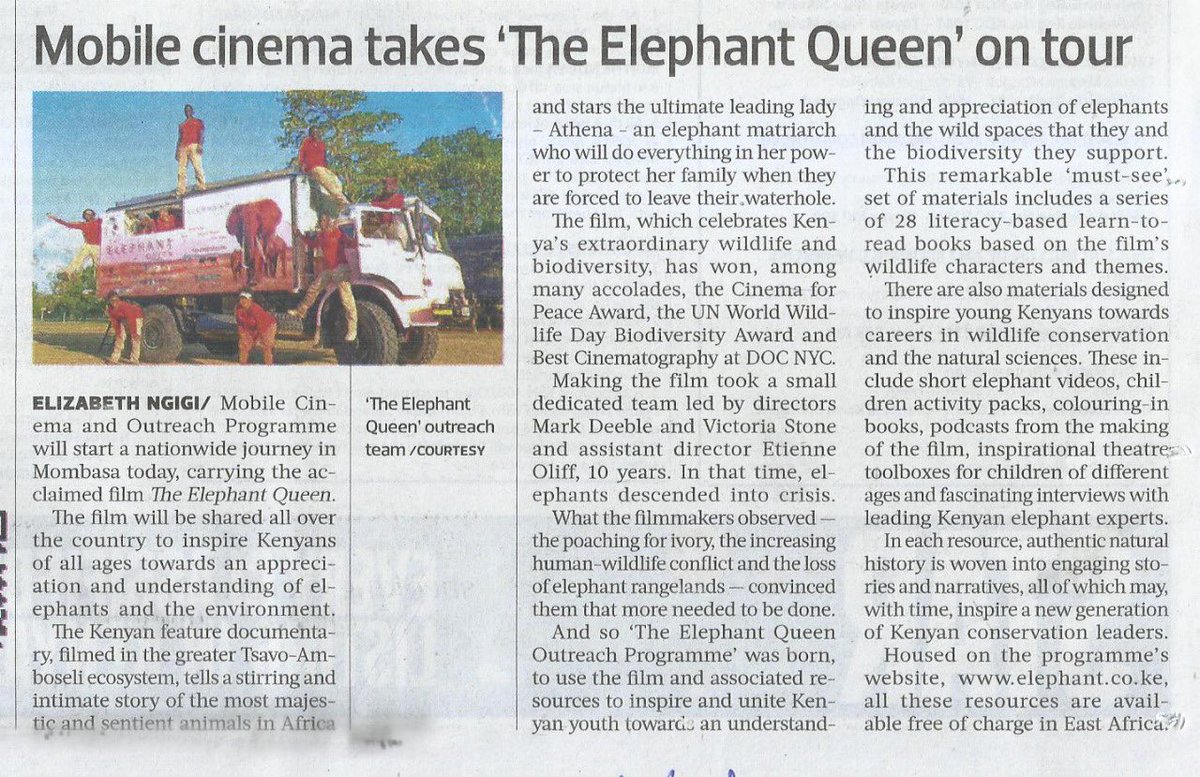 Great to see this piece in the Star this morning! #MimiNaWewe🐘 #morethanafilm #theelephantqueen #ndovukuu @BSFImpact <a href="/ste_kenya/">Save the Elephants</a> <a href="/markdeeble1/">Mark Deeble 〓〓</a> @kwskenya <a href="/biglifeafrica/">Big Life Foundation</a> <a href="/TsavoTrust/">TSAVO TRUST</a> <a href="/WWF_Kenya/">WWF-Kenya</a> <a href="/TEQmovie/">The Elephant Queen</a>