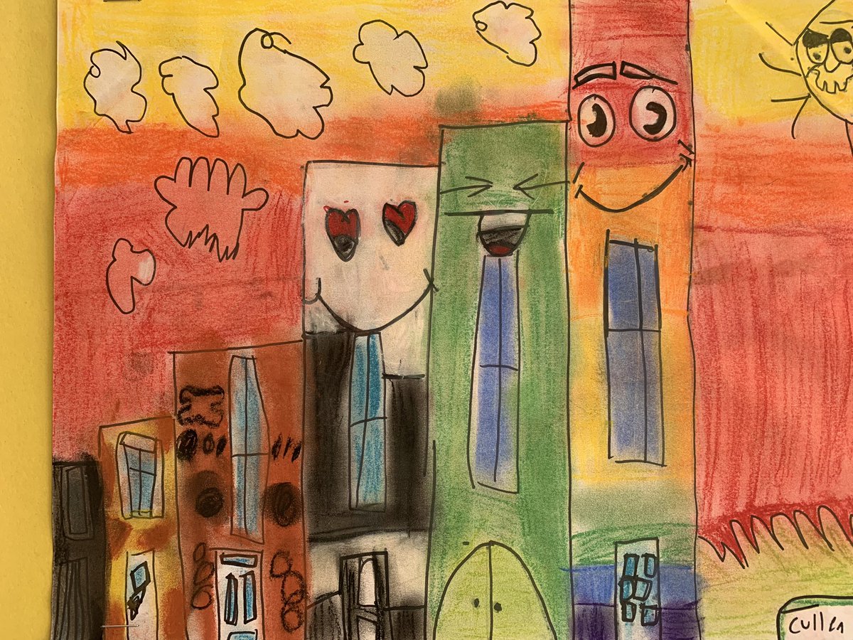 kthomas_artroom's tweet photo. Third grade discussed artist, James Rizzi’s work, and then created their own imaginary cities. Their goals were to utilize warm or cool colors in the sky with chalk pastel, add creative details to the buildings, and neatly add color. Way to go, artists! @LehighElemNASD https://t.co/ZoOUqUpQJO