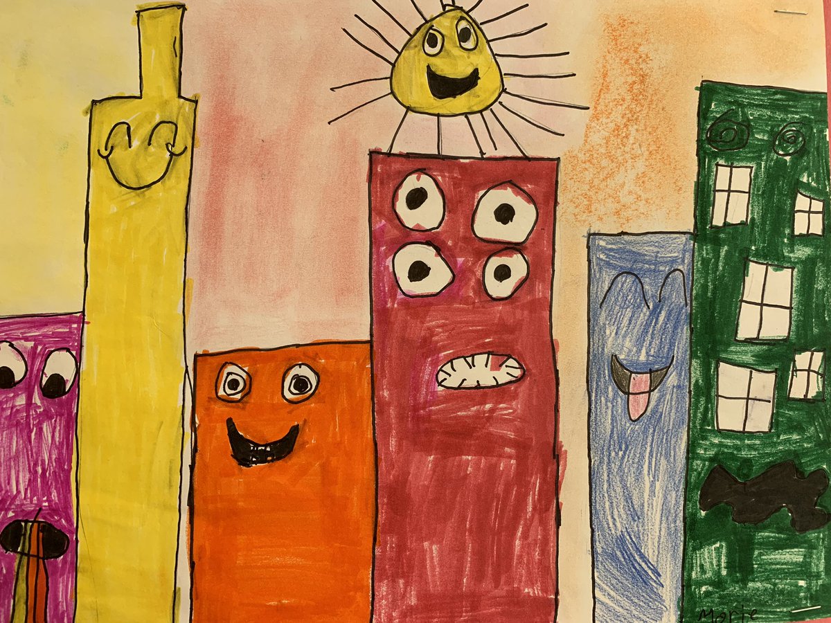 kthomas_artroom's tweet photo. Third grade discussed artist, James Rizzi’s work, and then created their own imaginary cities. Their goals were to utilize warm or cool colors in the sky with chalk pastel, add creative details to the buildings, and neatly add color. Way to go, artists! @LehighElemNASD https://t.co/ZoOUqUpQJO