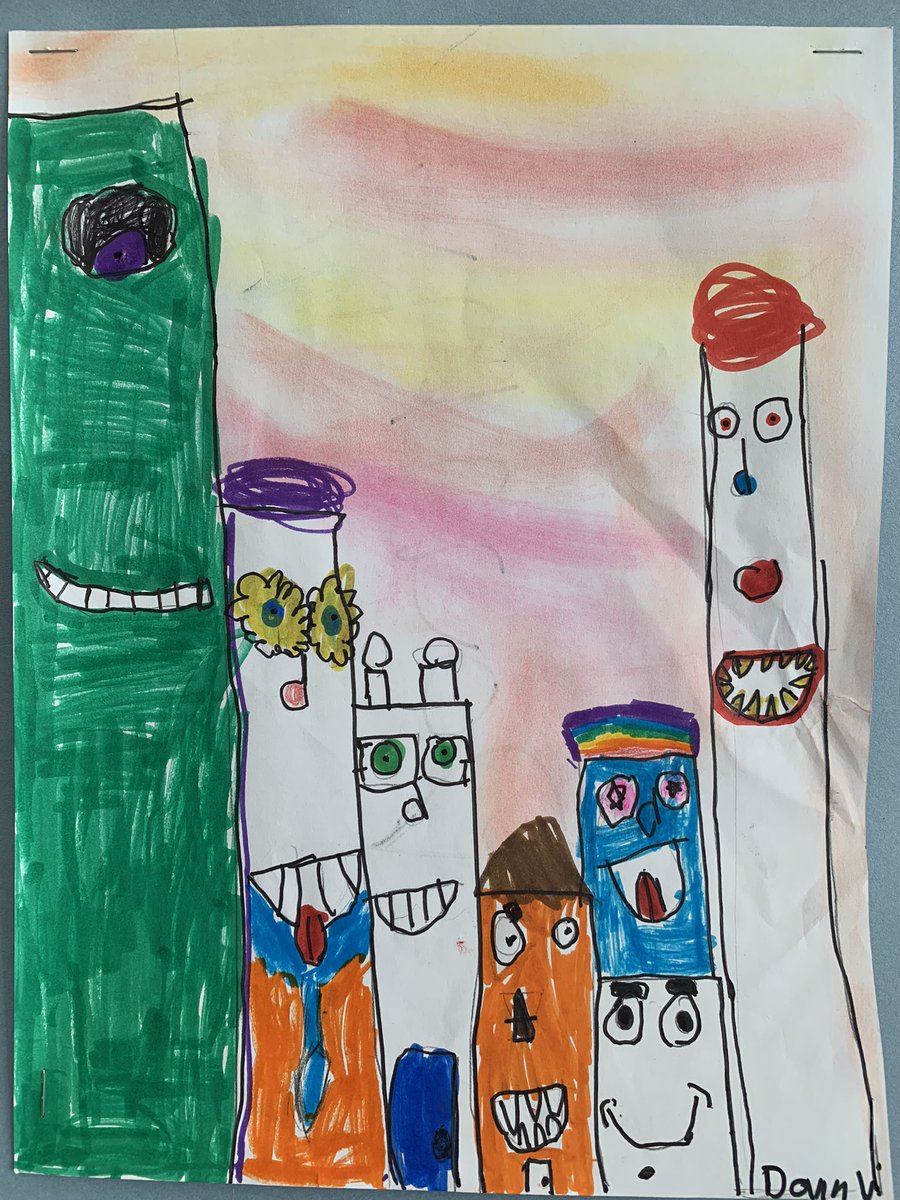kthomas_artroom's tweet photo. Third grade discussed artist, James Rizzi’s work, and then created their own imaginary cities. Their goals were to utilize warm or cool colors in the sky with chalk pastel, add creative details to the buildings, and neatly add color. Way to go, artists! @LehighElemNASD https://t.co/ZoOUqUpQJO
