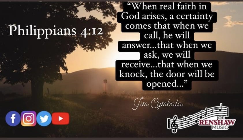 joerenshawmusic's tweet photo. I know what it is to be in need, and I know what it is to have plenty. I have learned the secret of being #content in any and every situation, whether well fed or hungry, whether living in plenty or in want.

#FridayFeeling #JimCymbala #GodsWord #JoeRenshawMusic #BeTheLight https://t.co/B8n6E5wARK