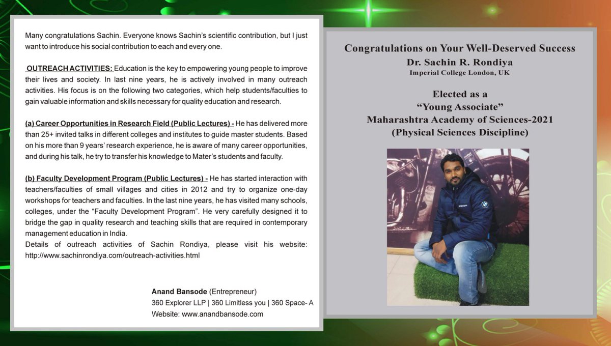 IAnandBansode's tweet photo. #Highqualityresearch #Socialwork #Ruralarea #Award
Dr. Rondiya (@DRondiya), Congratulations on your achievement. Inspirational - "Cleaner to Young Associate"
Congratulations..
@ChemistryCU @ImpMaterials @PuneUniv @INSTMohali @namastesamrat @SakalMediaNews @lokmat @Loksattalive https://t.co/qdF2q5atoN