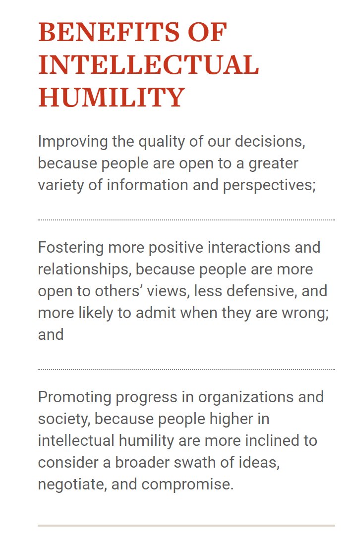 People tend to be overconfident in their beliefs &amp; viewpoints. Research shows people's confidence in the correctness of their beliefs often exceeds the accuracy of their beliefs."Intellectual humility"means being open to other ideas/evidence greatergood.berkeley.edu/article/item/w… <a href="/GreaterGoodSC/">Greater Good</a>