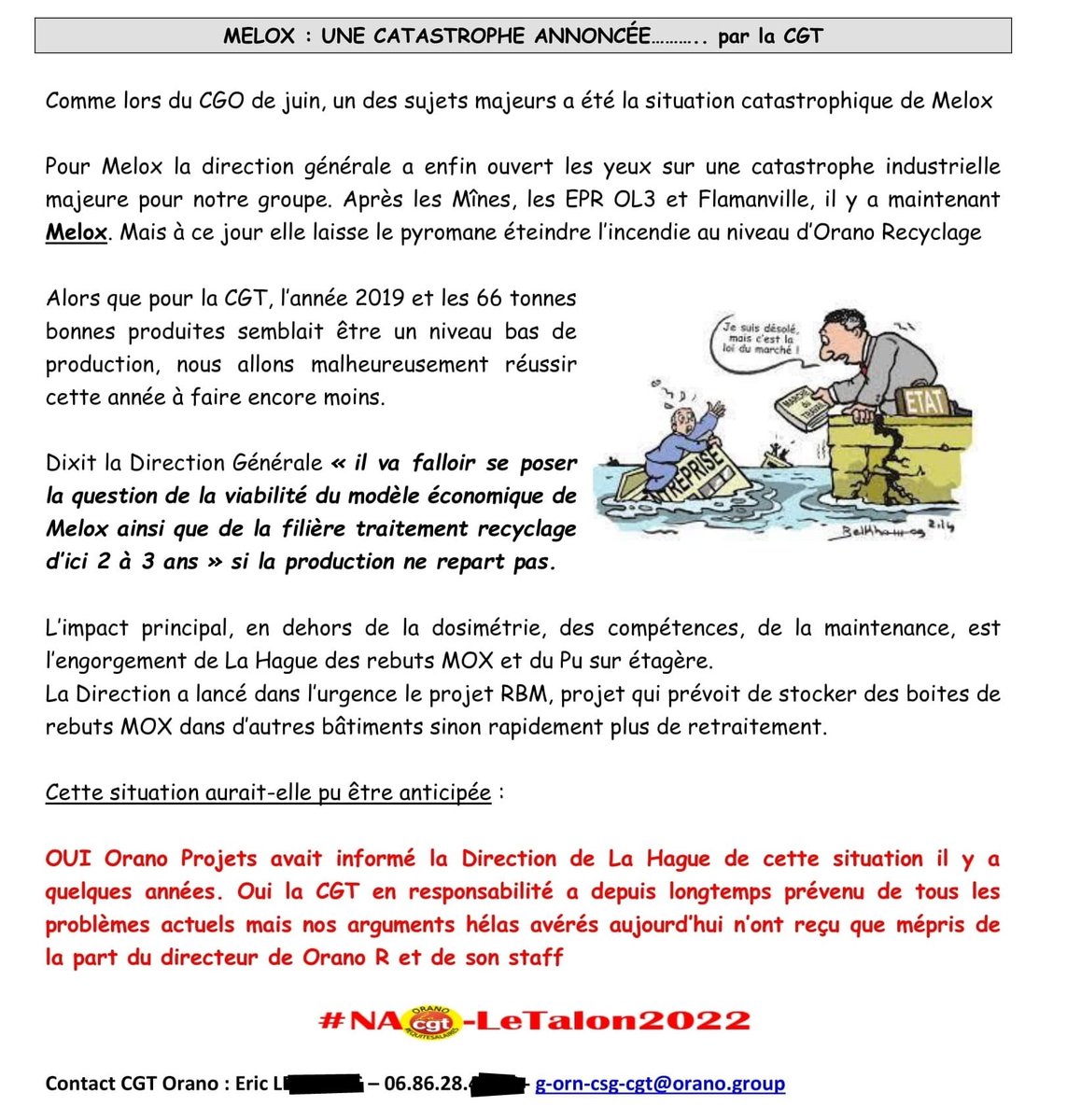 plutonyck's tweet photo. La #CGT veut à tout prix soutenir le #nucléaire, c'est son droit, mais elle ne veut pas que @greenpeacefr publie un tract diffusé pour alerter et mobiliser ses adhérents, donc public. Alors diffusons largement cette alerte aux graves conséquences sur #MELOX et #LaHague. https://t.co/T072kgk4yl
