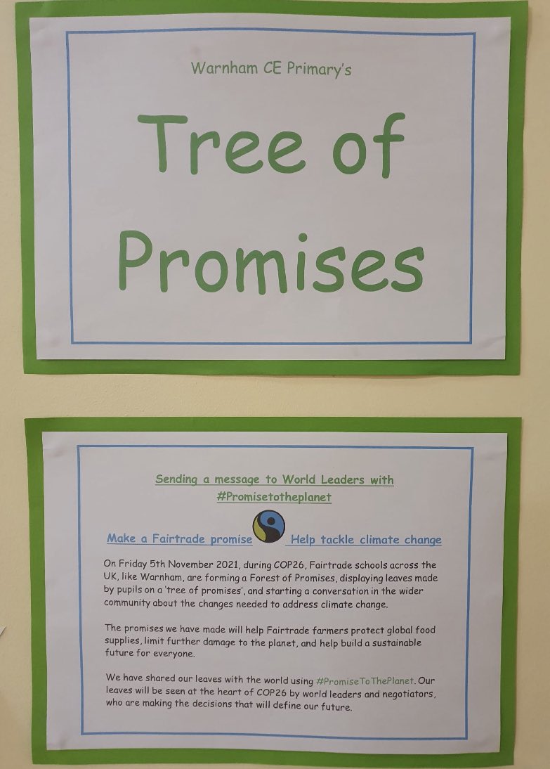 WarnhamCEP's tweet photo. Support Fairtrade and help tackle climate change! Our 'Tree of Promises' for Cop26: children making commitments and asking World Leaders to do the same. Well done to the Fairtrade Council who made this happen ๐ #promisetotheplanet #treeofpromises #cop26 #fairtrade https://t.co/jWT4GEjfsK