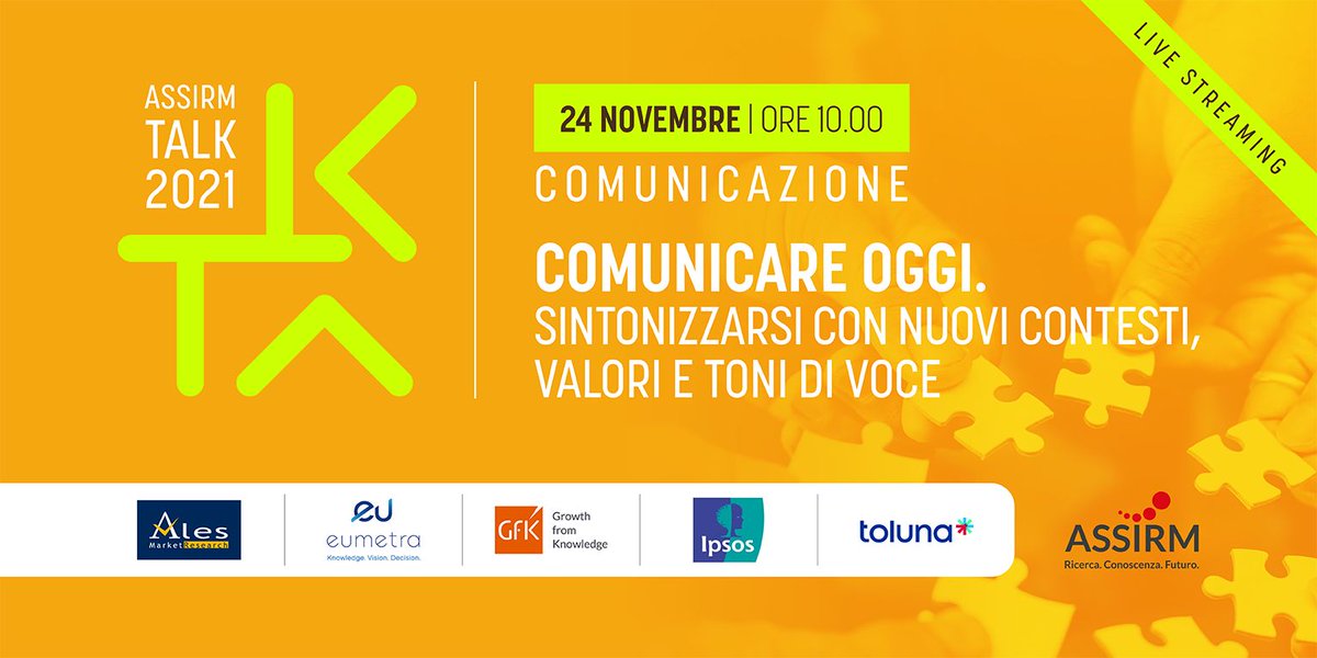 IpsosDoxa's tweet photo. 📅 Il 24/11 si terrà #Assirm Talk Comunicazione: un appuntamento pensato per approfondire i nuovi trend, le dinamiche del mercato e i modelli di ricerca e di marketing del settore #comunicazione.
-
#Ipsos, @AssirmRicerca @AlesResearch, @EumetraMR, @GfK_Italia, @TolunaCorporate https://t.co/Ms9zmhOpQg