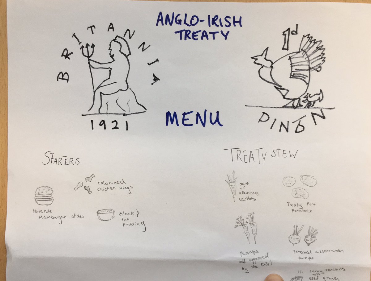 5th Year History hosted an Anglo-Irish Treaty dinner party this morning. Place settings were very interesting as were the things we possibly overheard between the attendees. #History #histchatie #edchatie