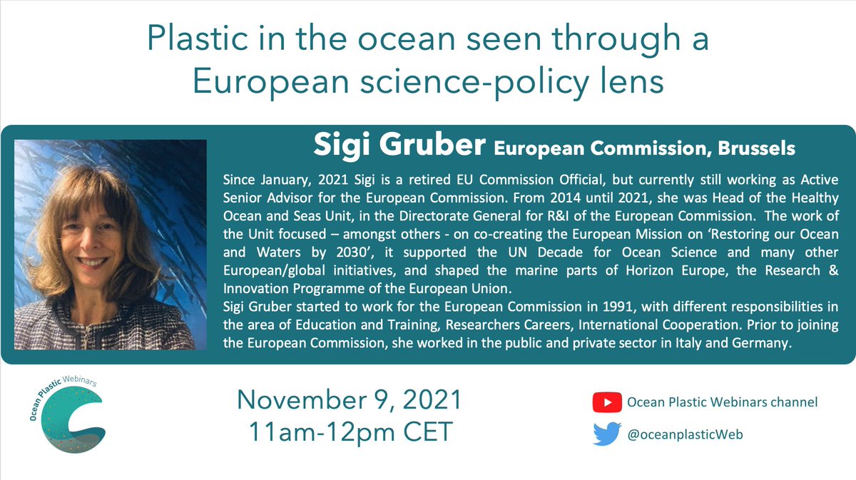 🎉 New live webinar (next Tues, 9 Nov)!

🤔 Science-policy of ocean plastic (🧑‍🔬-👩‍💼)

🗣️ Sigi Gruber: Active Senior Advisor for the EU Commission (<a href="/GruberSigi/">Gruber Sigi</a>) 
 
👀 Watch live on YouTube to ask Sigi your burning questions! youtube.com/channel/UCDv-b…
