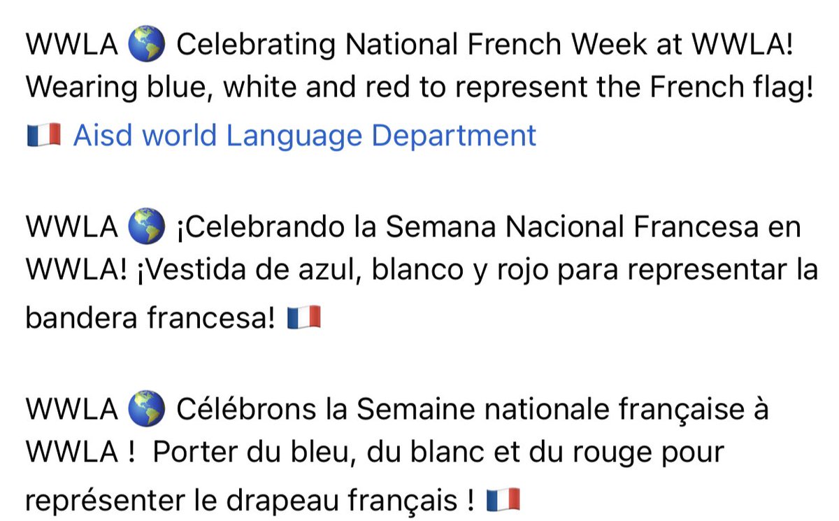 WimbishWorld's tweet image. WWLA 🌎 Celebrating National French Week at WWLA! Wearing blue, white and red to represent the French flag! 🇫🇷 Aisd world Language Department 

WWLA 🌎 ¡Celebrando la Semana Nacional Francesa en WWLA! ¡Vestida de azul, blanco y rojo para representar la bandera francesa! 🇫🇷
