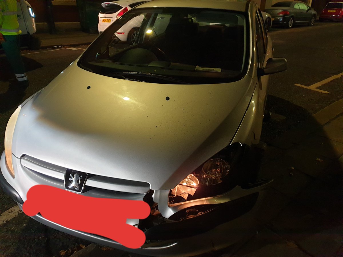 gmptraffic's tweet photo. This Peugeot failed to stop for #XT48 in Ashton. Pursued for several minutes until it was in collision with a bin wagon in the Town Centre. Female driver arrested for Disqualified Driving, Dangerous Driving, No Insurance and Failing to Stop. #ZME48 #ZME08 @NWmwaypolice https://t.co/1QJ1DPf4mB