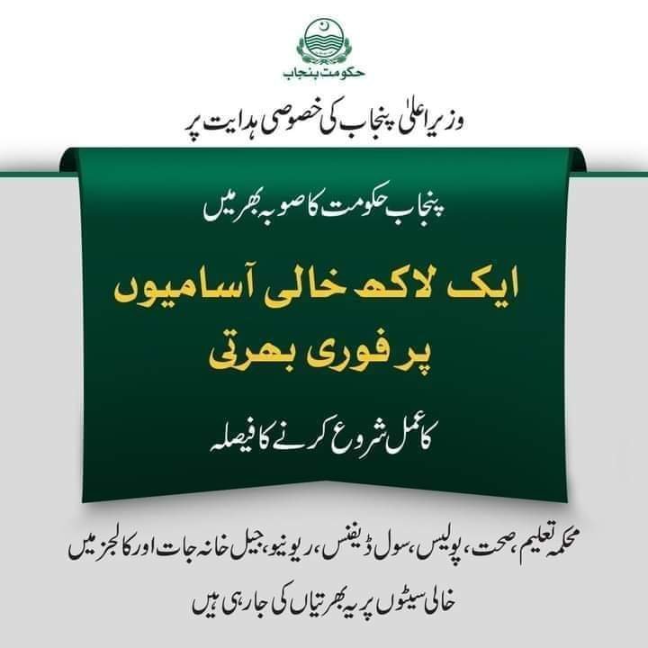 Govt of Punjab 100000 jobs in education, health, police, revenue and defenc